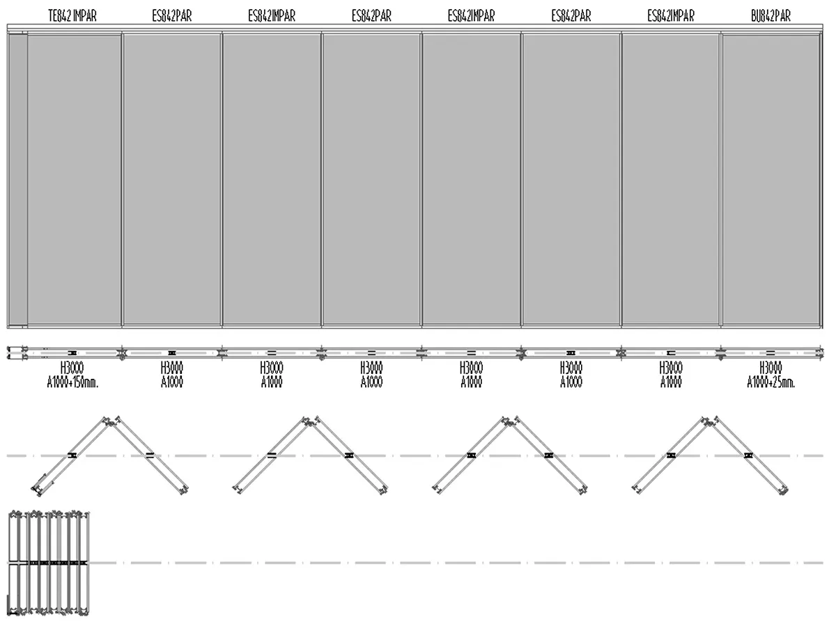 Diagrama técnico muro móvil acústico Serie 842 monodireccional con riel 45 styleMOVE