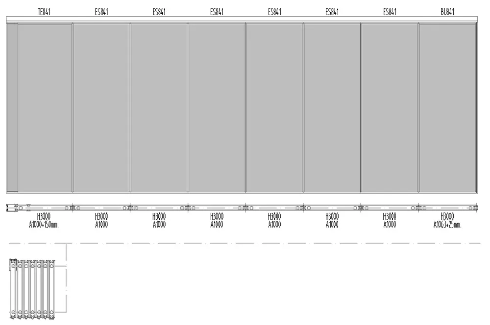 Diagrama técnico muro móvil acústico Serie 841 multidireccional riel 33 México