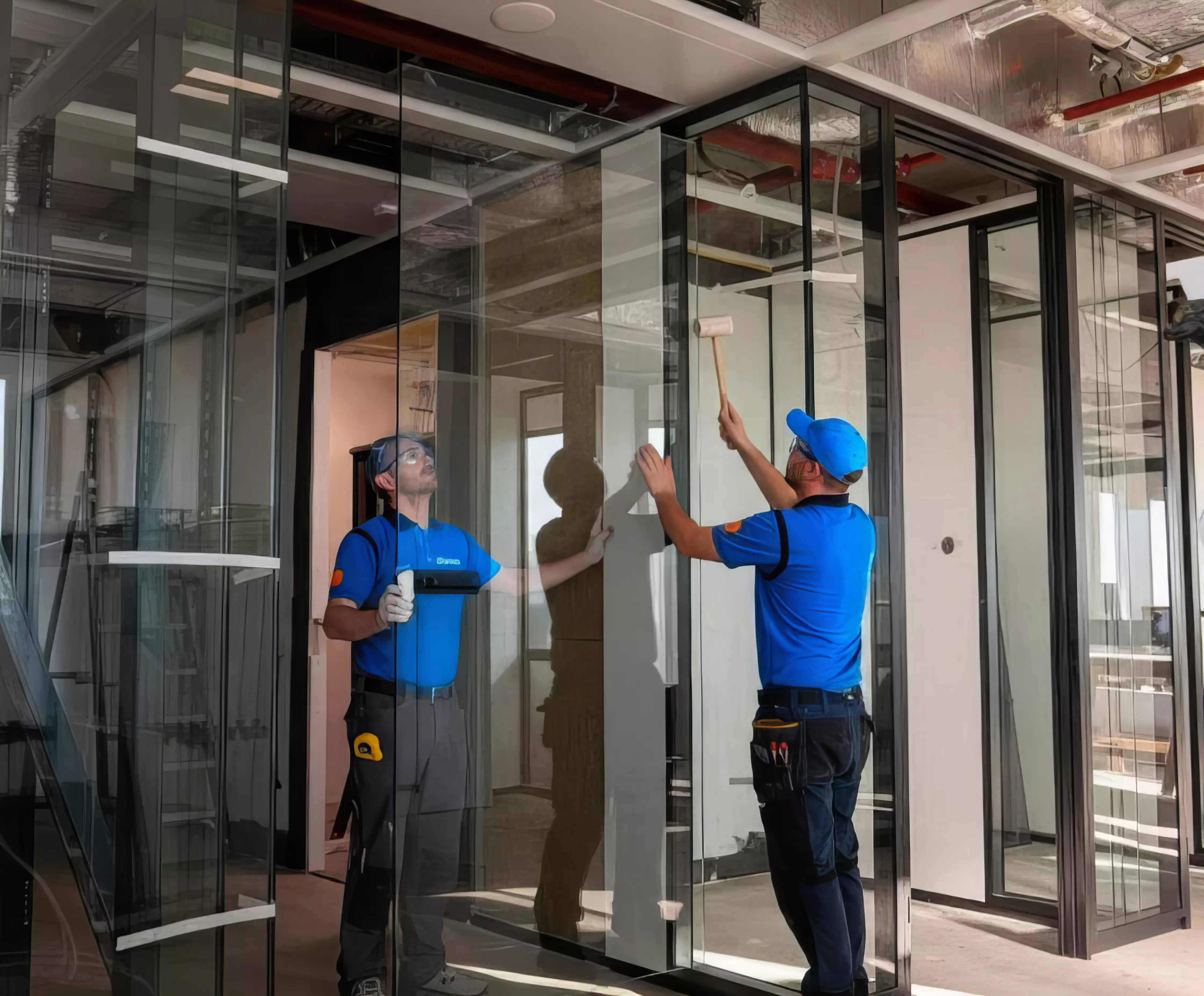 Equipo desmontando y montando cancelería de muros móviles en Ciudad de México.